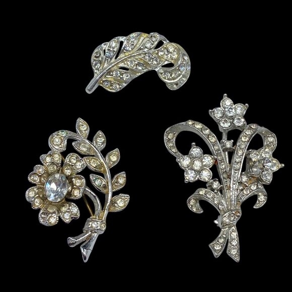 Vtg Flower Spray Leaf Rhinestone Brooch Scatter Pins Set of 3 Silver Tone *READ* - Picture 1 of 14